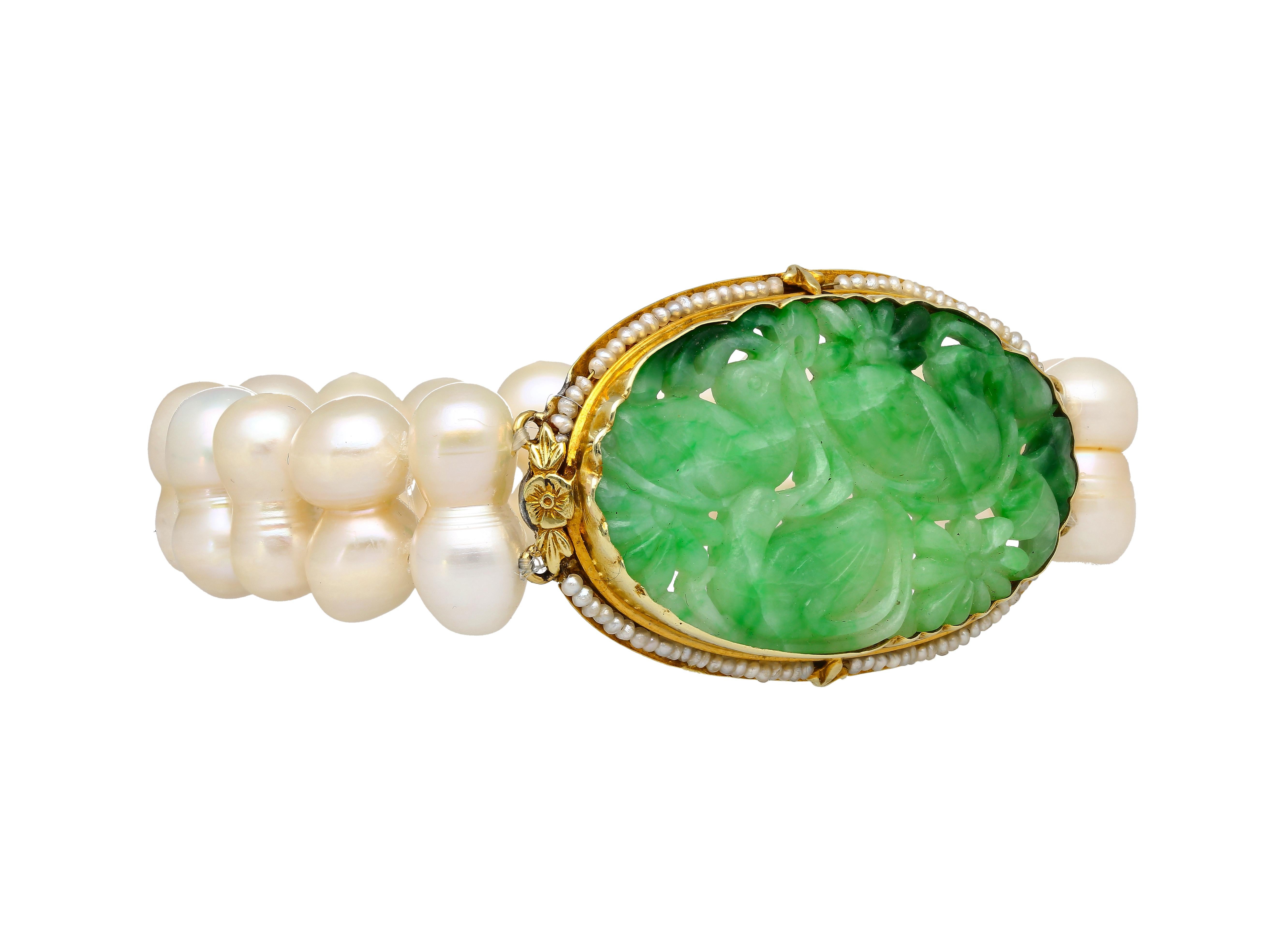 Baroque Antique Yellow Gold with Carved Jade and Pearl Pin Bracelet For Sale