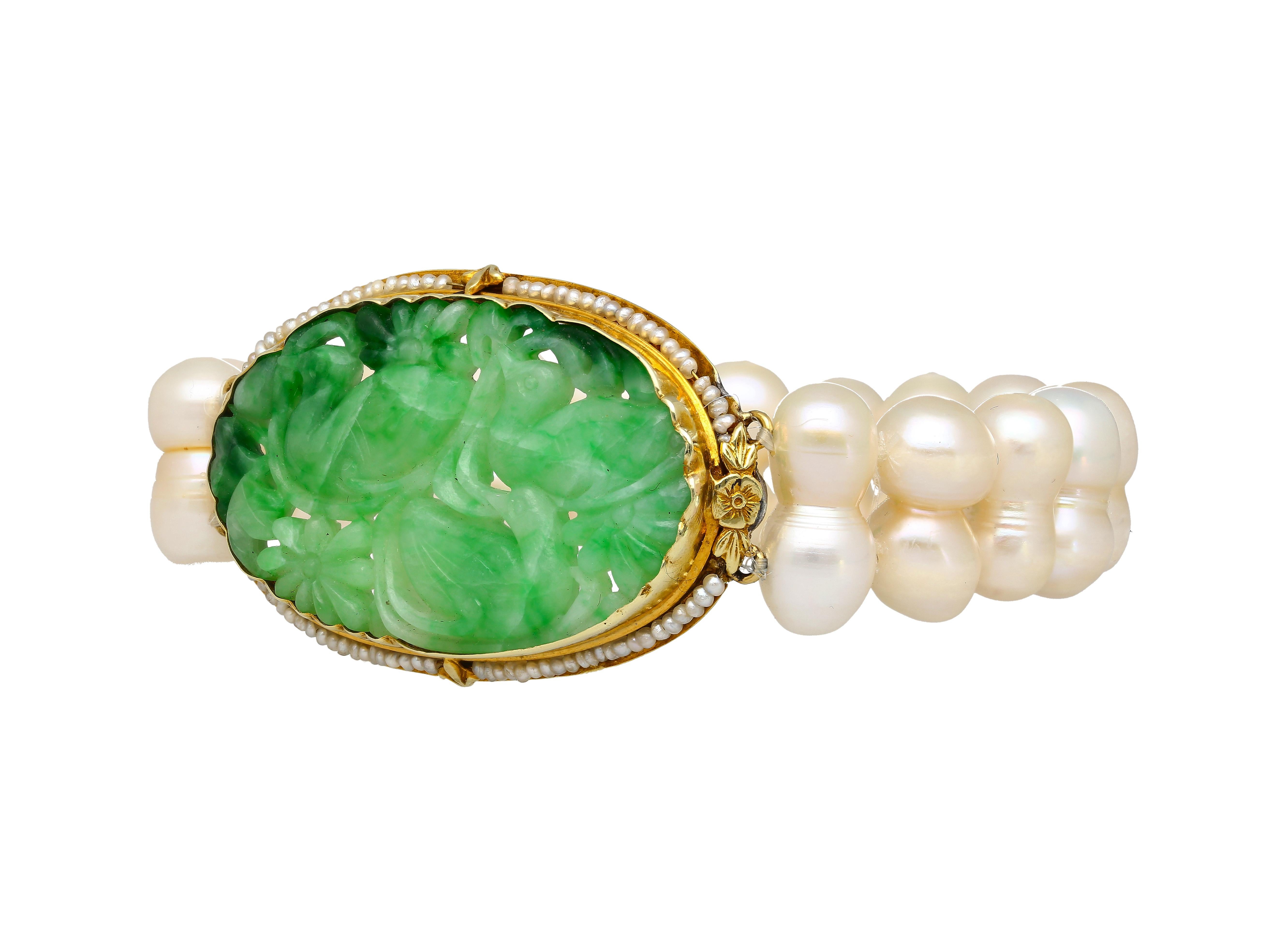 Round Cut Antique Yellow Gold with Carved Jade and Pearl Pin Bracelet For Sale