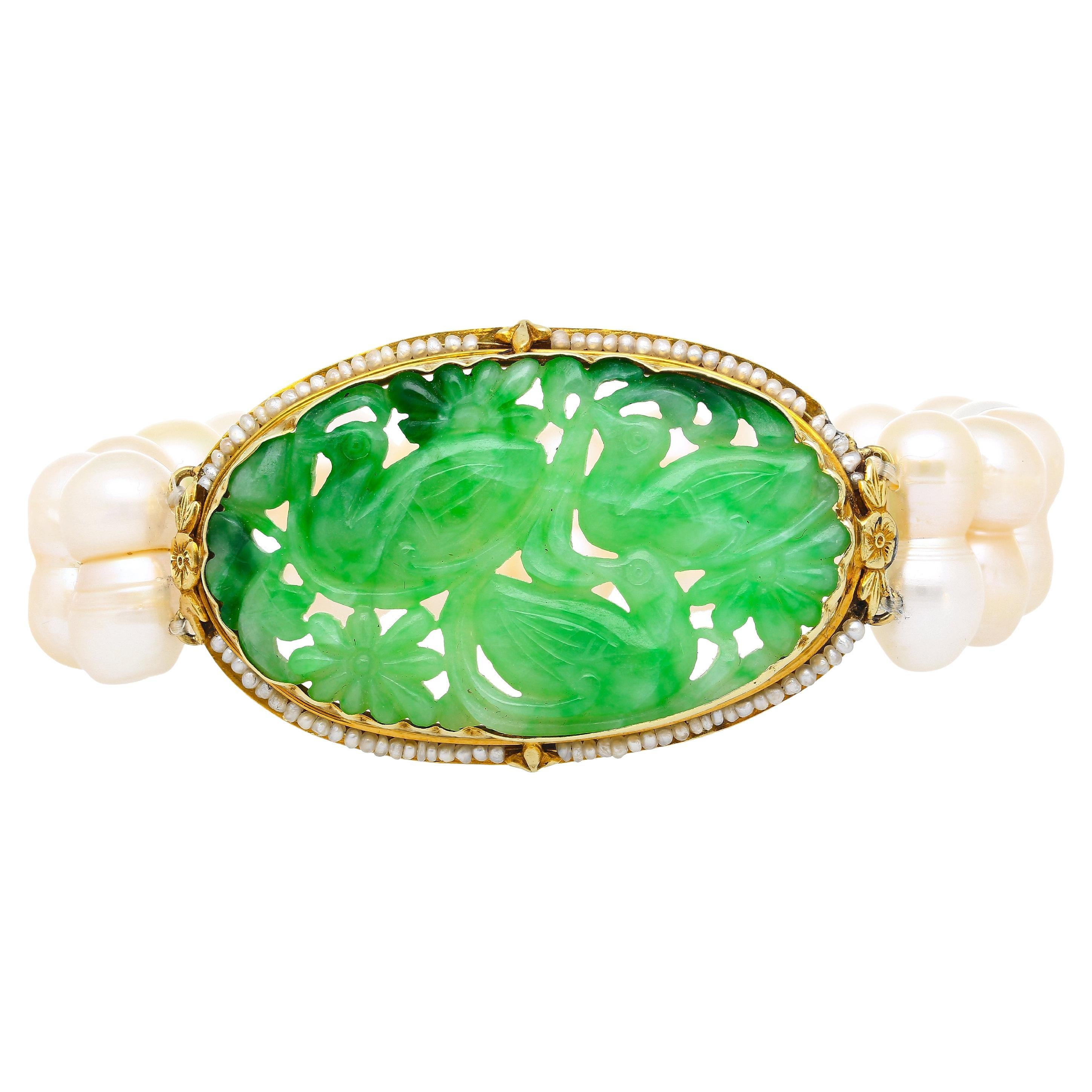 Antique Yellow Gold with Carved Jade and Pearl Pin Bracelet