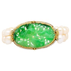 Antique Yellow Gold with Carved Jade and Pearl Pin Bracelet
