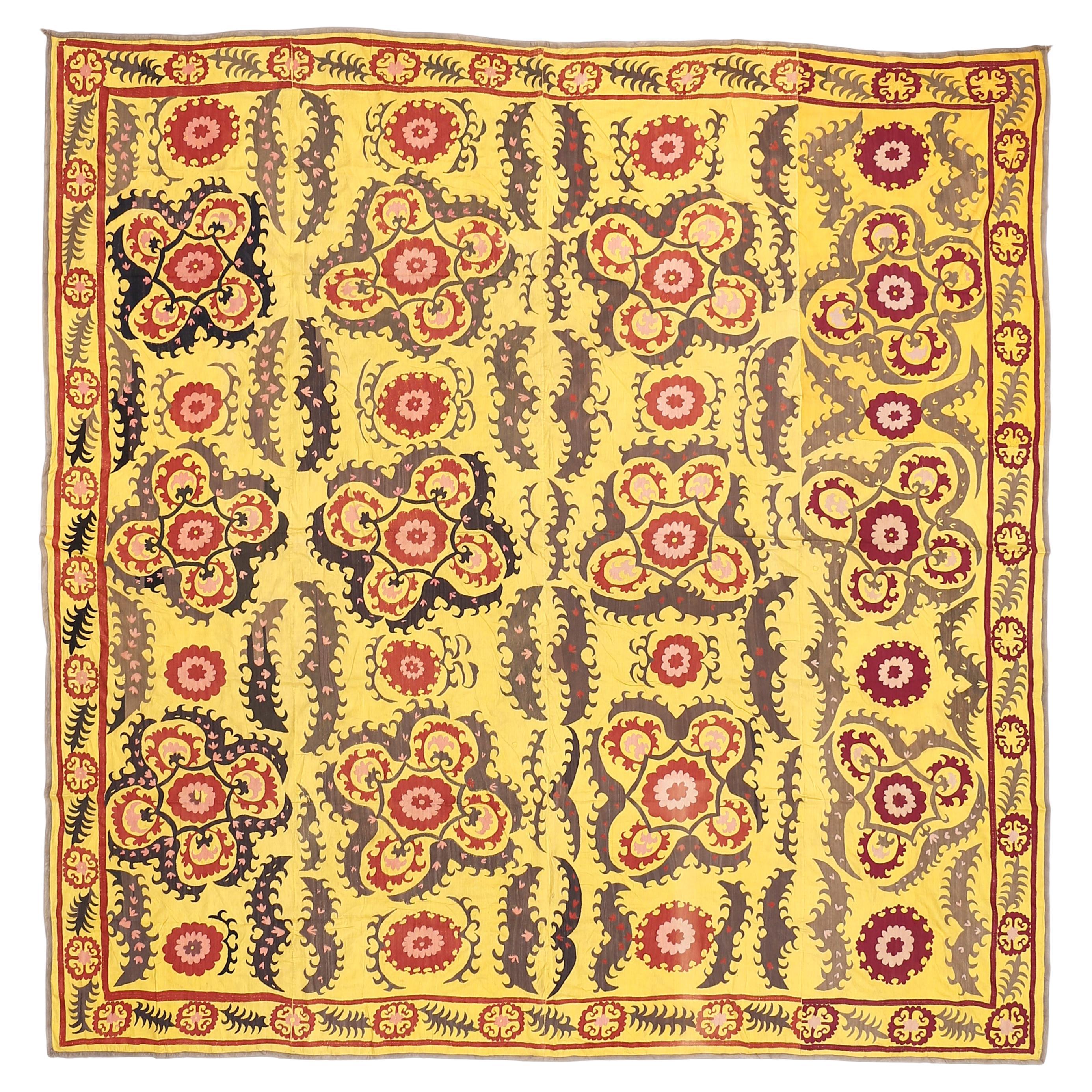 Antique Yellow Ground Central Asian Square Lakai Suzani Silk Embroidery