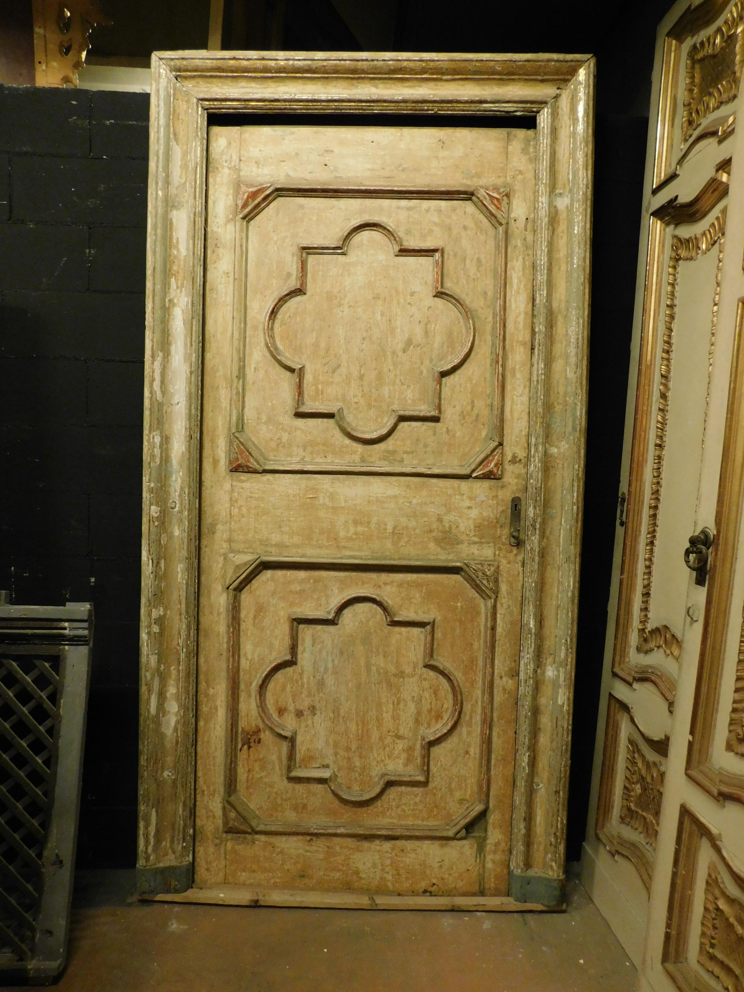 Italian Antique Yellow Lacquered and Carved Door with Frame, 18th Century, Italy