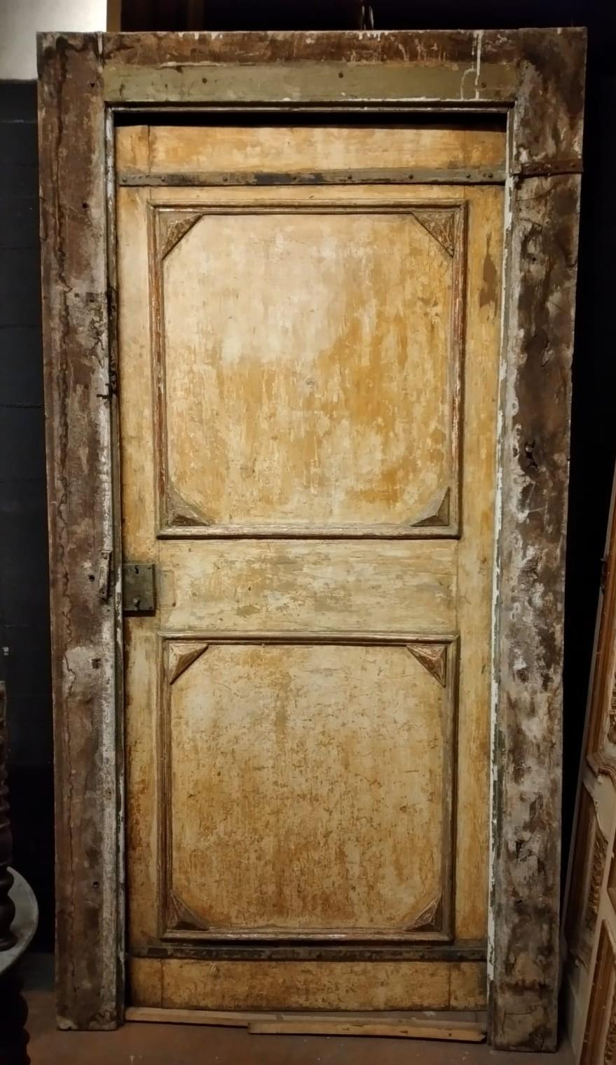 Antique Yellow Lacquered and Carved Door with Frame, 18th Century, Italy 1