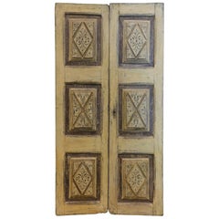 Antique Yellow Lacquered Double Door, Carved and Painted Lozenges, 1700, Italy