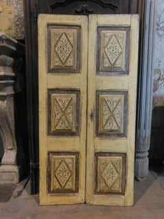 Antique Yellow Lacquered Double Door, Carved and Painted Lozenges, 1700, Italy