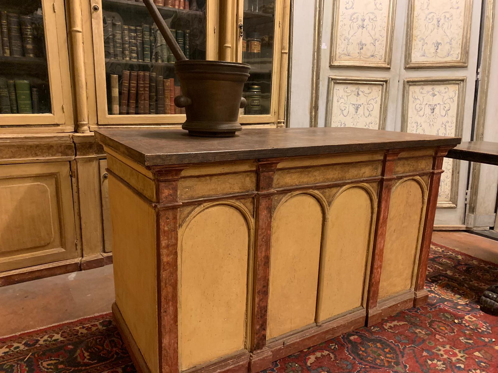 19th Century Antique Yellow Lacquered Pharmacy Furniture Complete with Counter, 1850, Italy