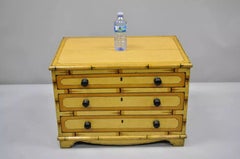 Antique Yellow Painted Cottage Primitive Folk Art Small Trunk Faux Spool Cabinet