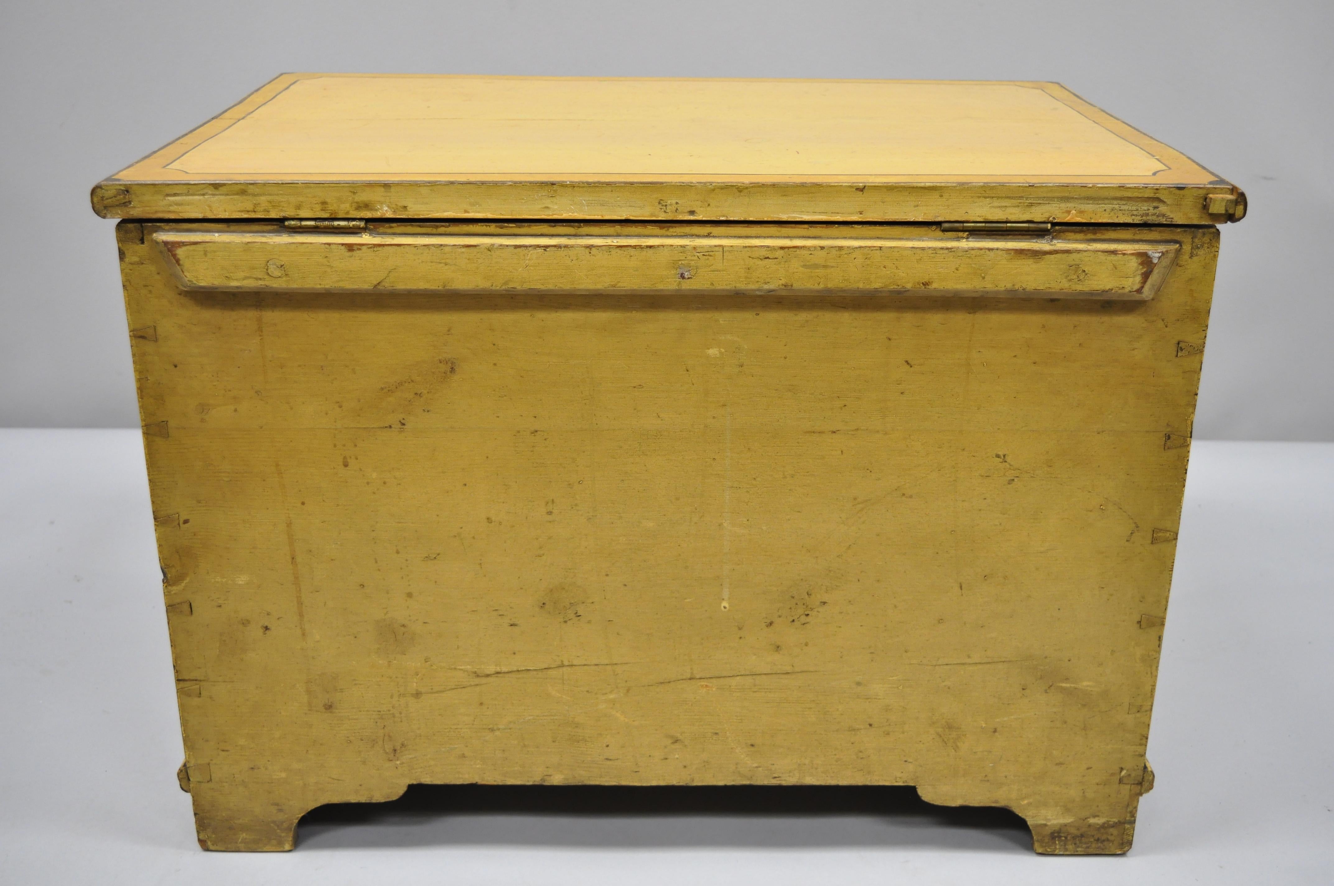 Antique Yellow Painted Cottage Primitive Folk Art Small Trunk Faux Spool Cabinet For Sale 1