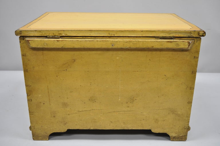 Antique Yellow Painted Cottage Primitive Folk Art Small Trunk Faux Spool Cabinet For Sale At 1stdibs