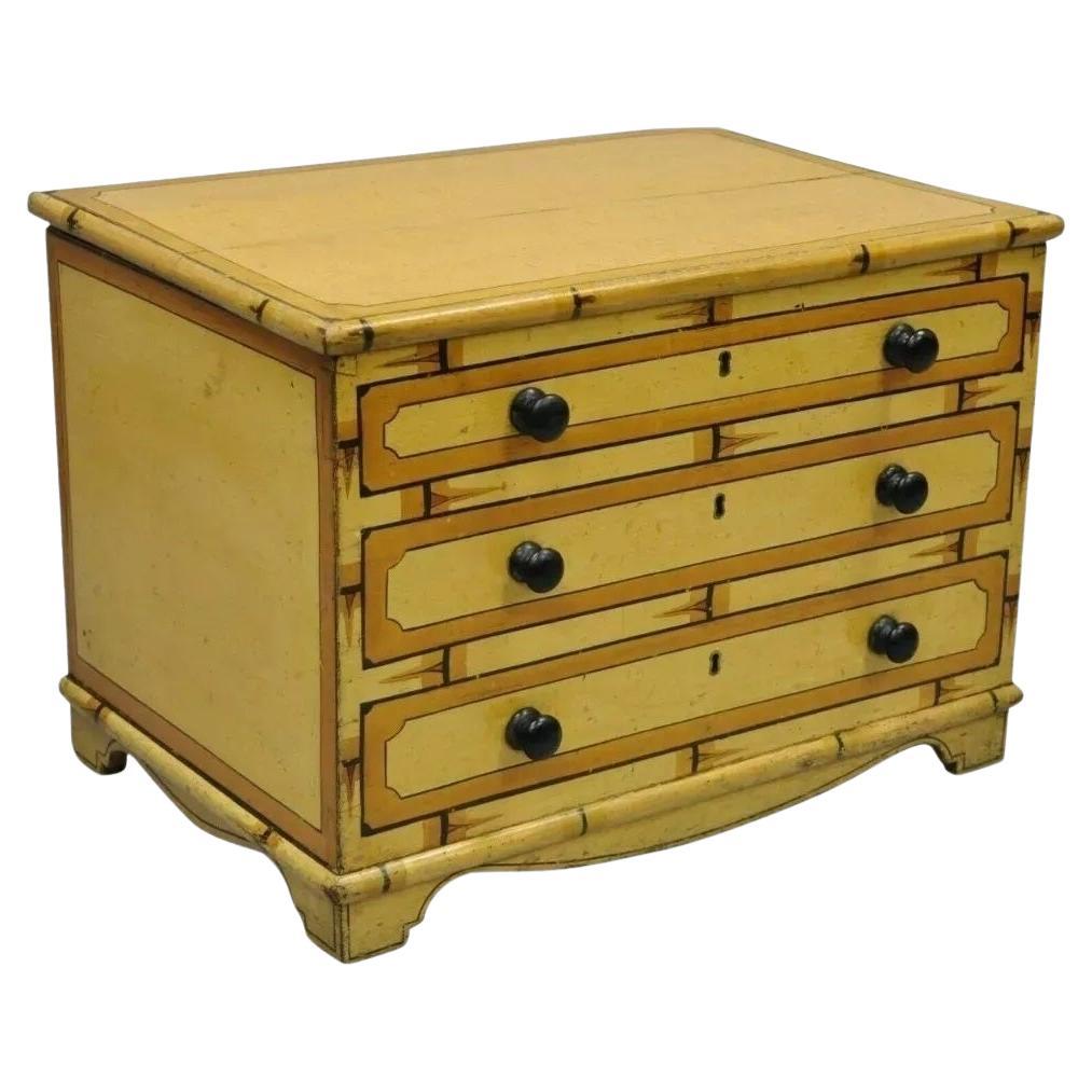 Antique Yellow Painted Cottage Primitive Folk Art Small Trunk Faux Spool Cabinet