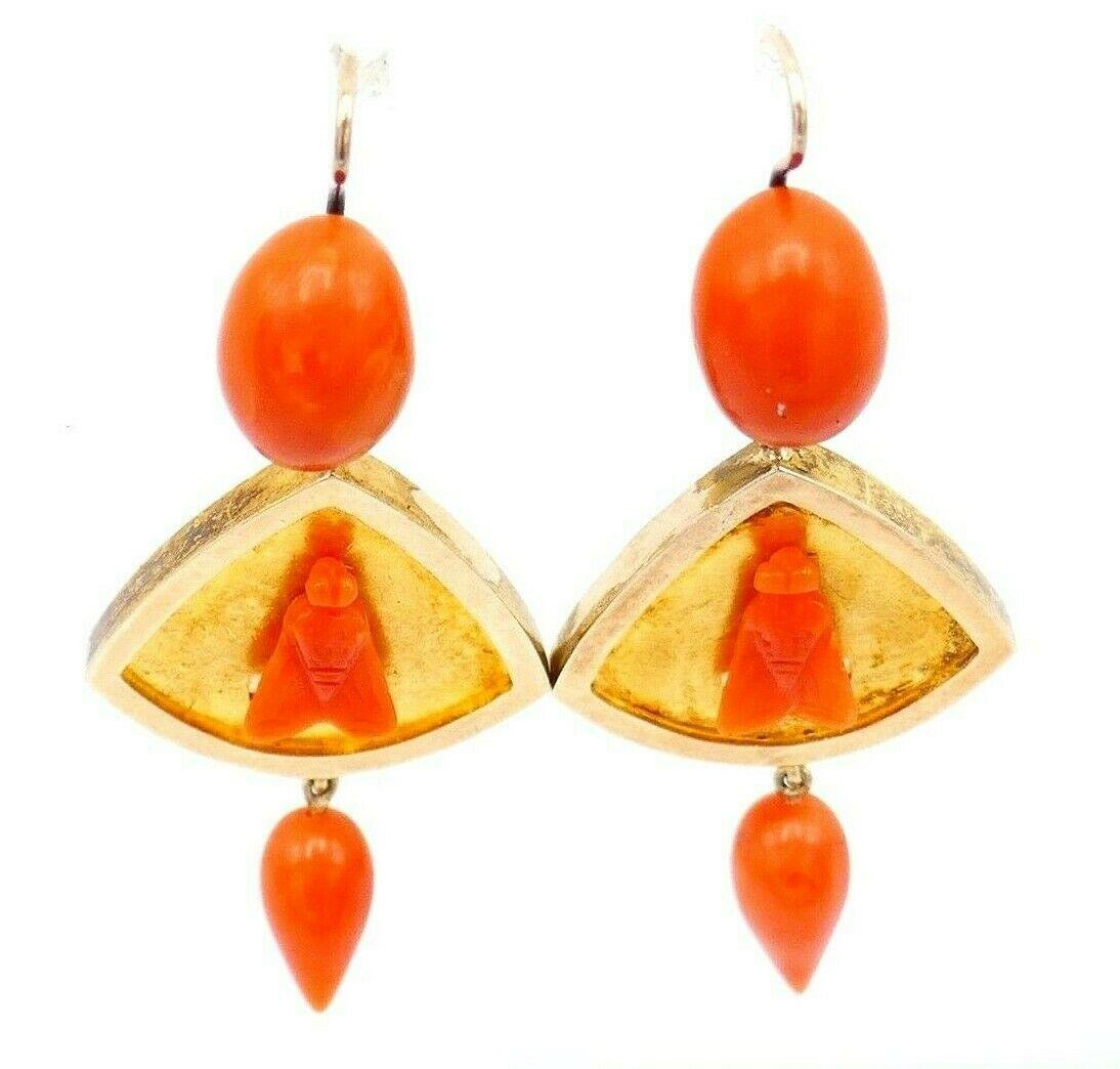 Cabochon Antique Yellow Rose Gold Carved Coral Fly Earrings
