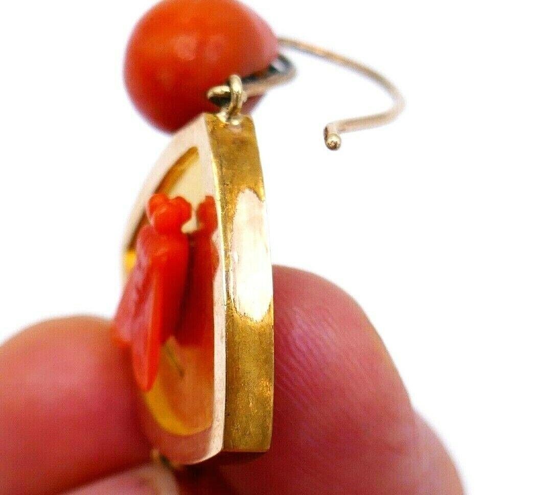 Antique Yellow Rose Gold Carved Coral Fly Earrings 2