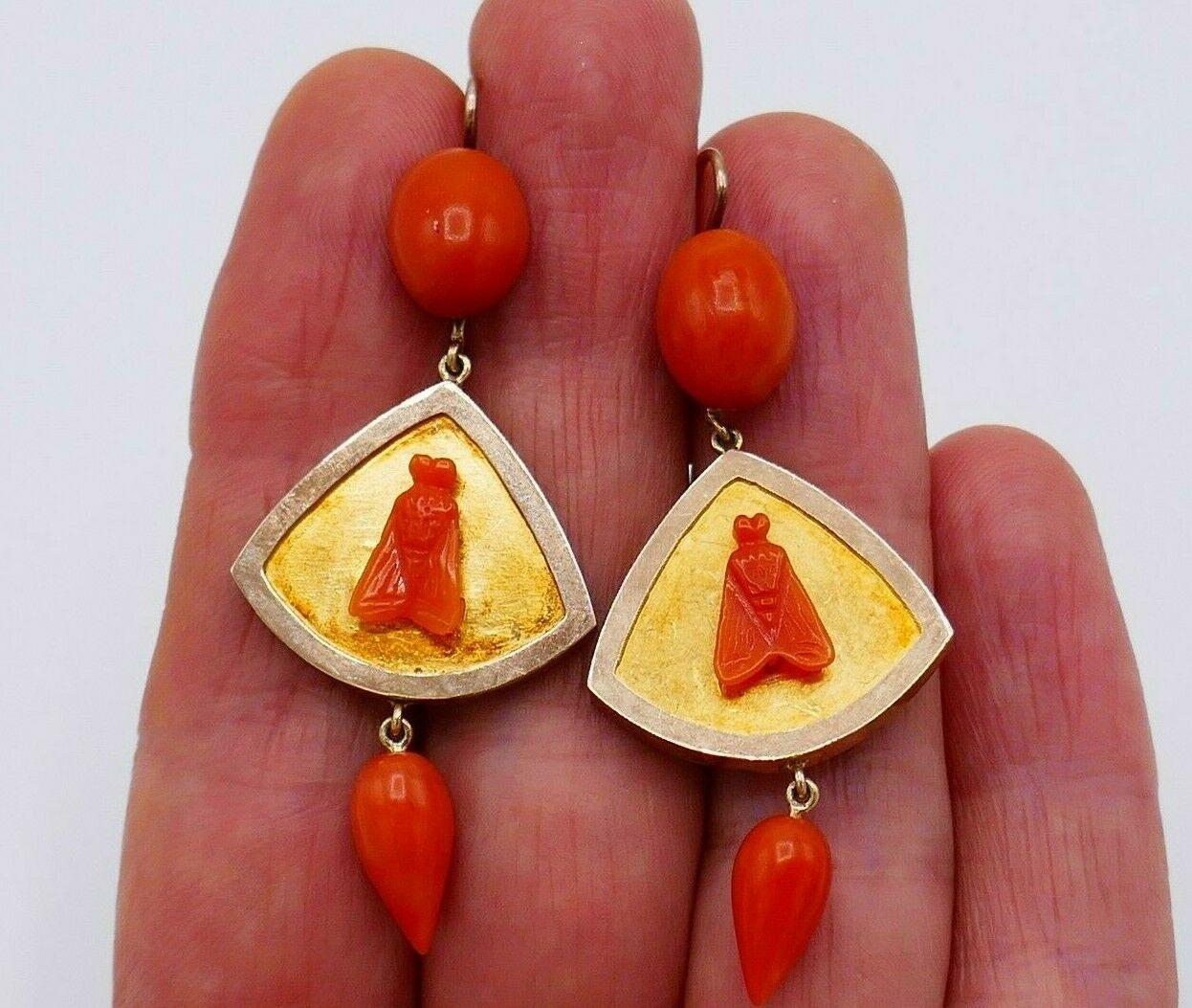 Antique Yellow Rose Gold Carved Coral Fly Earrings 4