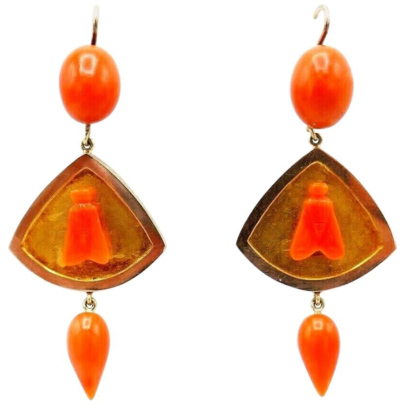 Antique Yellow Rose Gold Carved Coral Fly Earrings