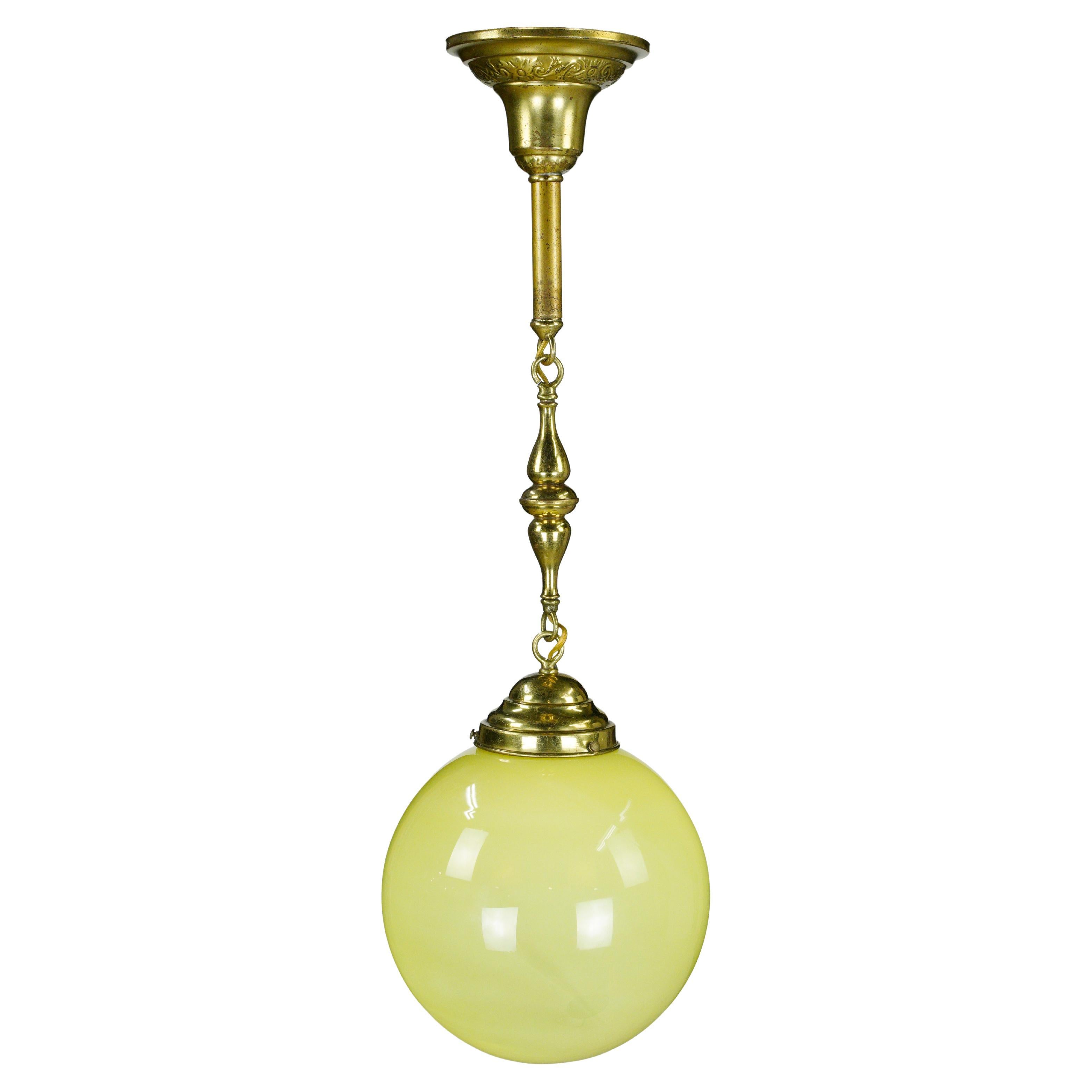 Antique Yellow Uranium Glass Globe Brass Pendant Light