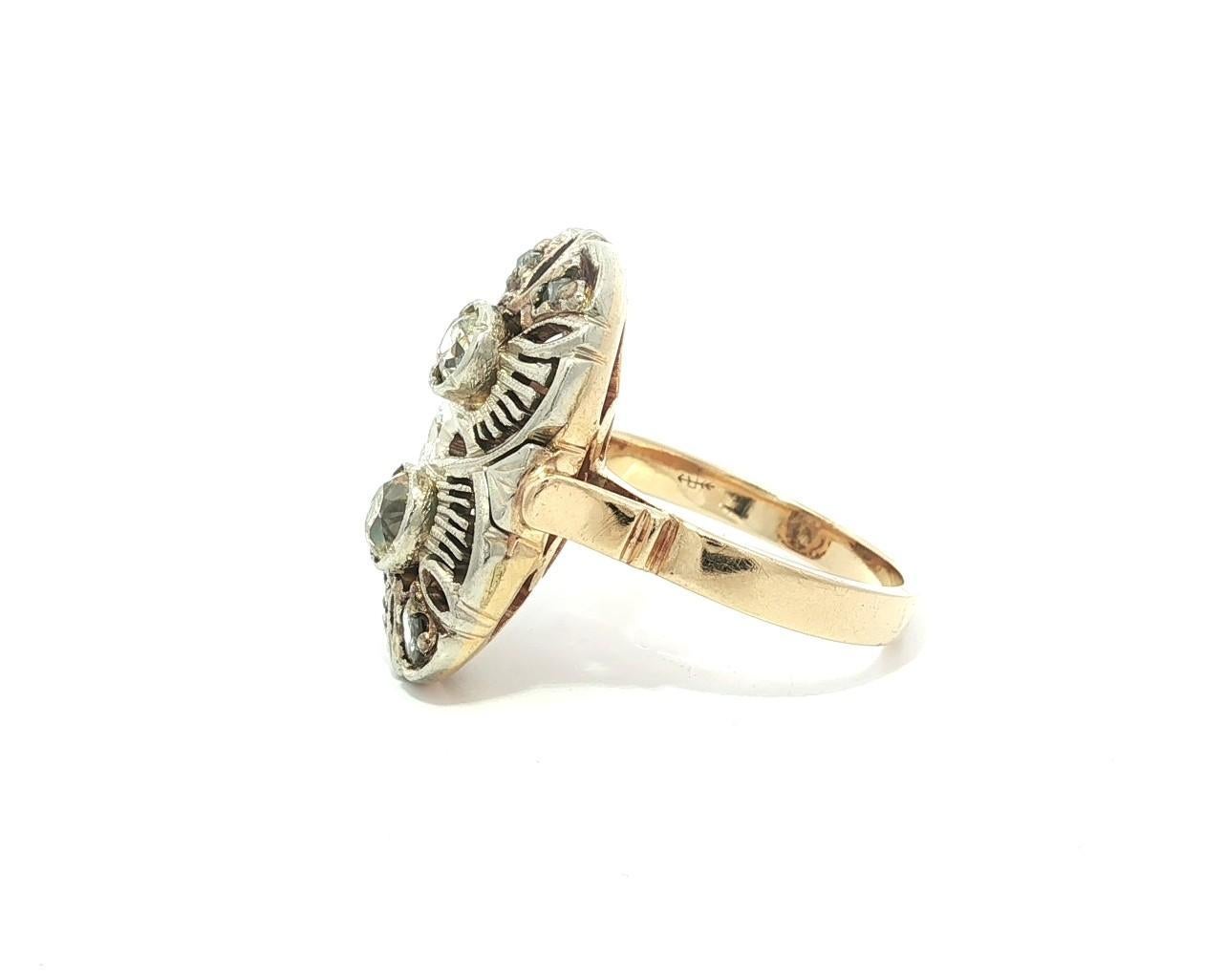 Bague longue en or jaune et blanc avec diamants taille rose Old Mine de 0,60ct en vente 6
