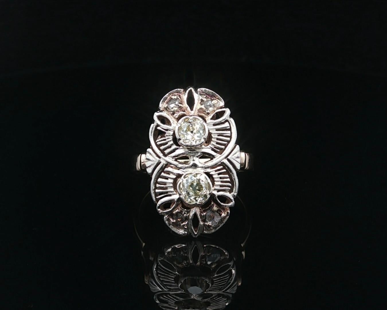 Bague longue en or jaune et blanc avec diamants taille rose Old Mine de 0,60ct en vente 9