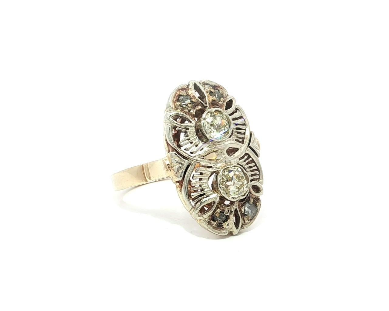 Bague longue en or jaune et blanc avec diamants taille rose Old Mine de 0,60ct en vente 4
