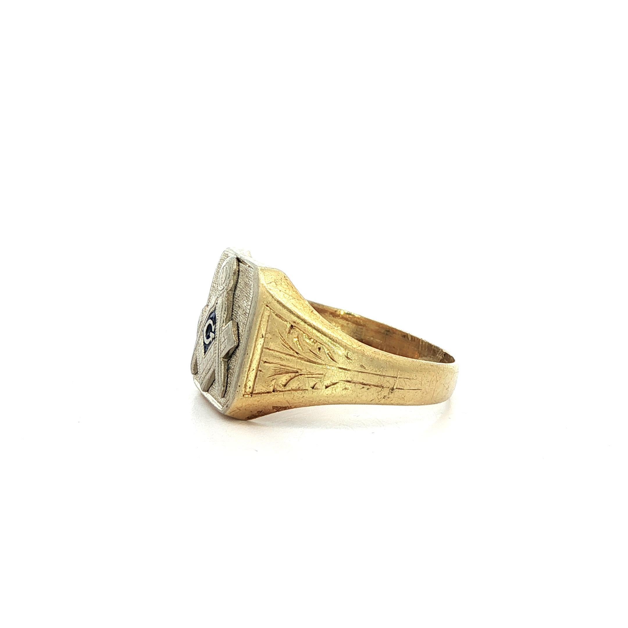 Anello massonico antico in oro giallo e bianco con smalto blu e incisione a mano, da libero muratore in vendita 1