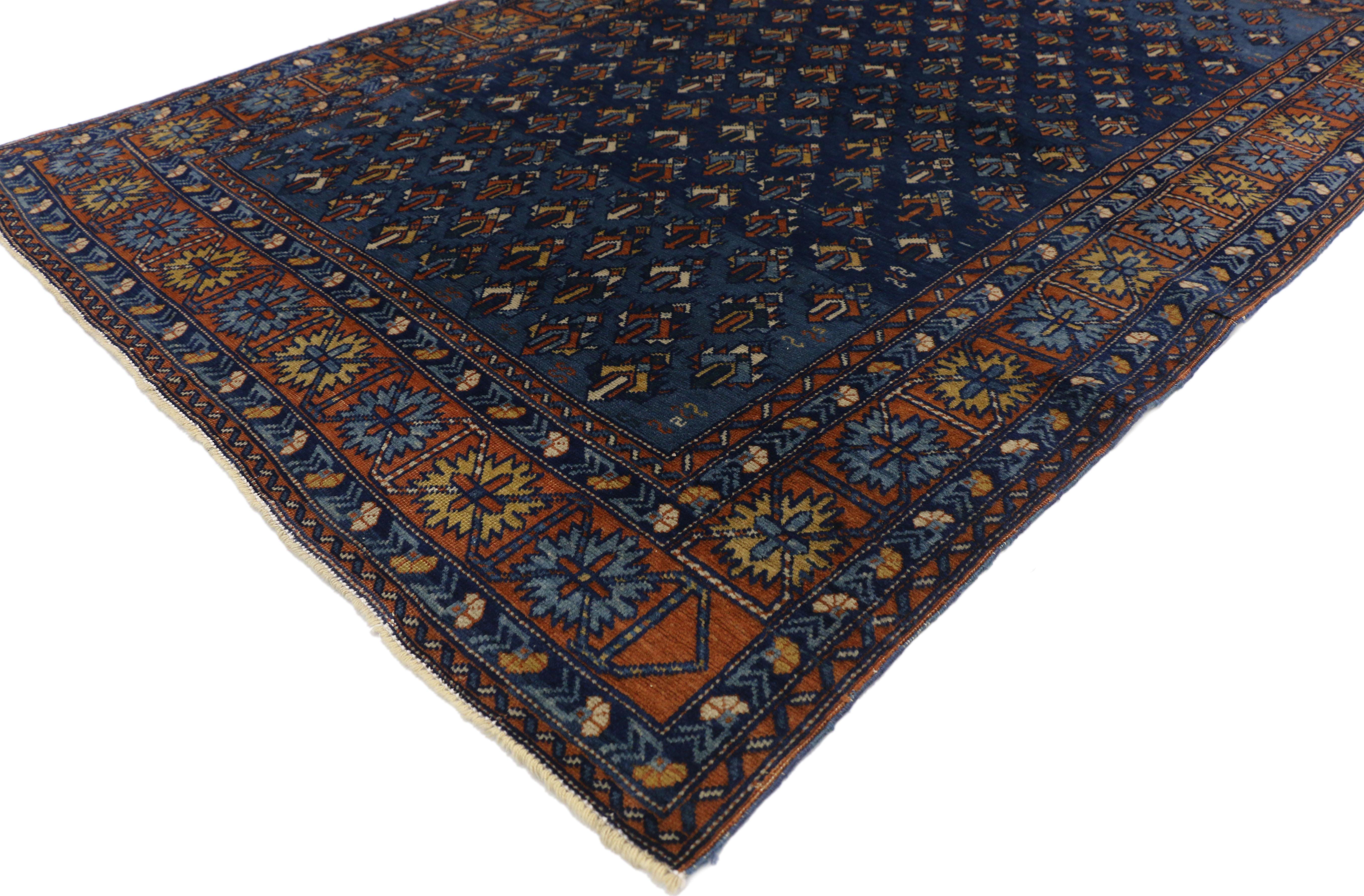 72759 Antique Yerevan Accent Rug with Modern Tribal Style, Antique Russian Armenian Rug 04'00 x 05'11. This hand-knotted wool antique Yerevan rug with modern tribal style displays a repeating geometric pattern of boteh variation in an abashed field.