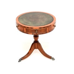 Antique Yew Wood Leather Top Drum Table