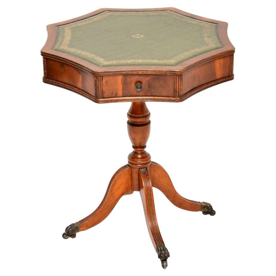Antique Yew Wood Leather Top Drum Table For Sale