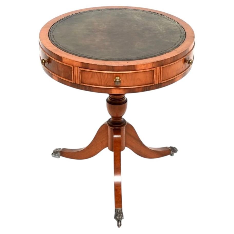 Antique Yew Wood Leather Top Drum Table