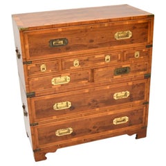Vintage Yew Wood Military Campaign Secretaire Chest of Drawers