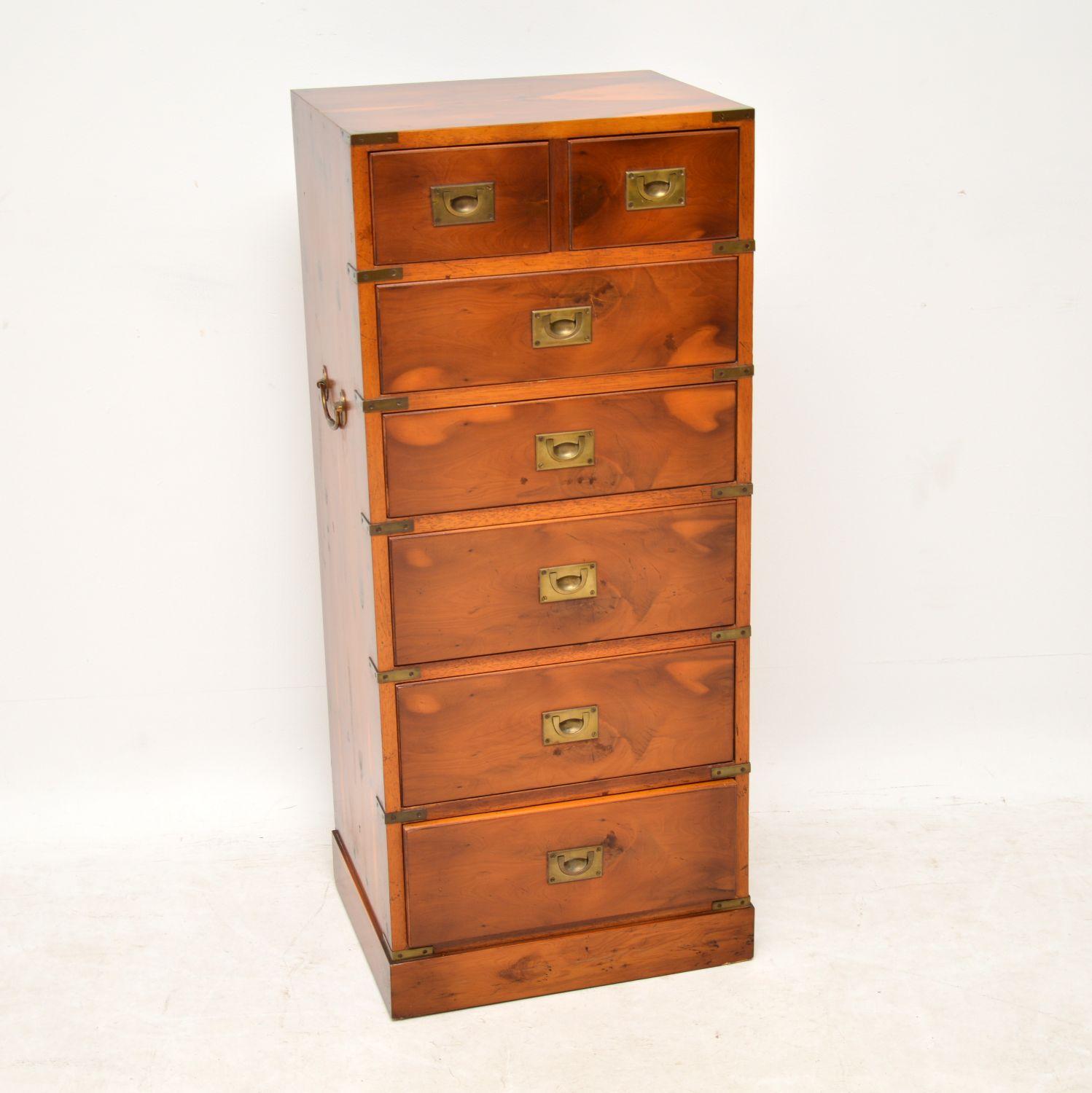 British Antique Yew Wood Military Campaign Style Chest of Drawers
