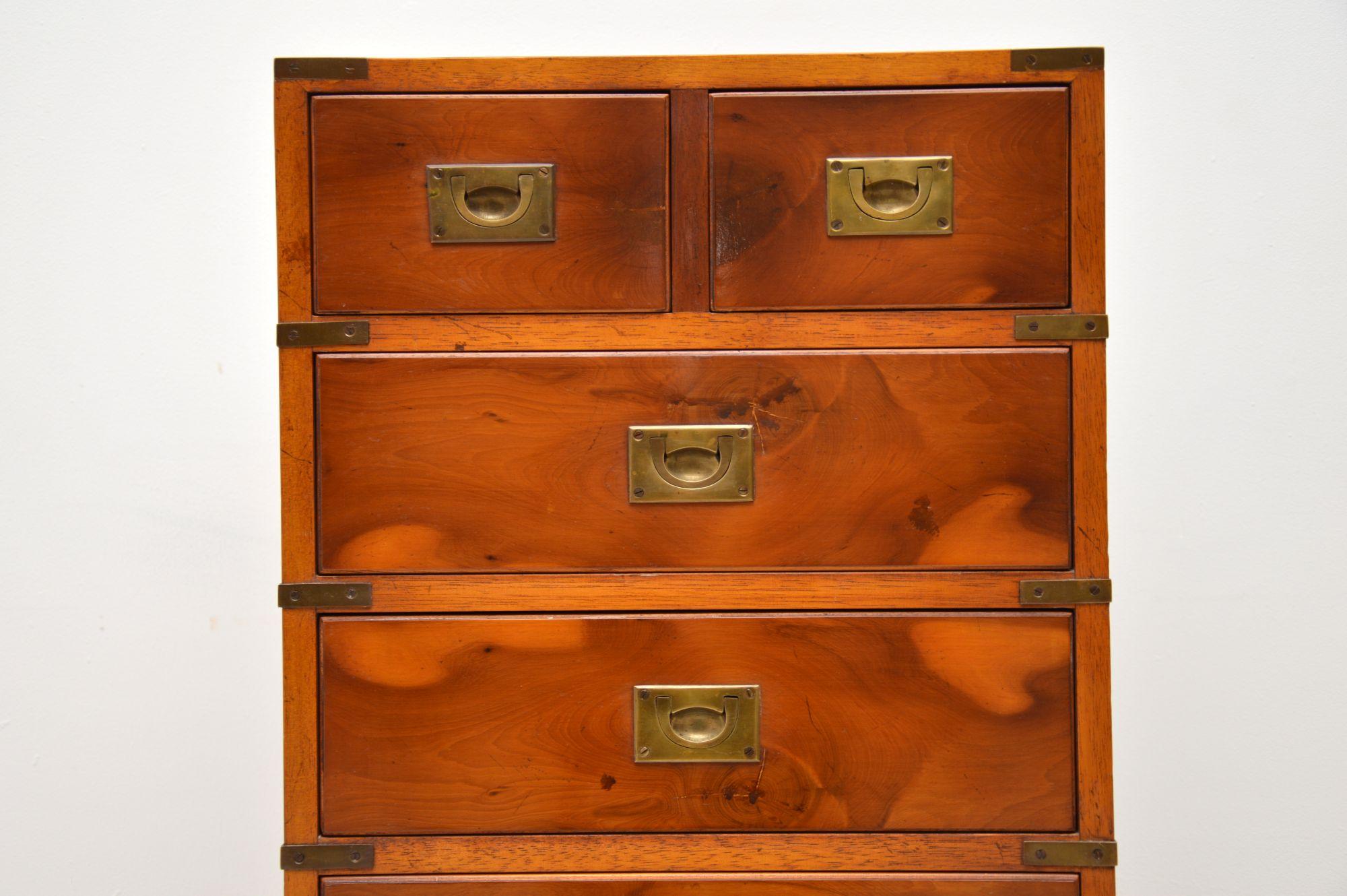 Brass Antique Yew Wood Military Campaign Style Chest of Drawers