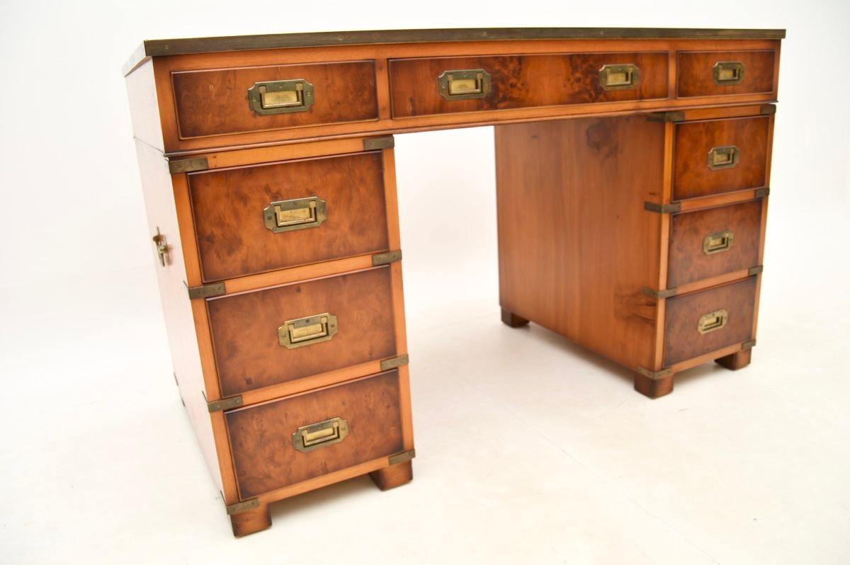 Antique Yew Wood Military Campaign Style Pedestal Desk For Sale 4