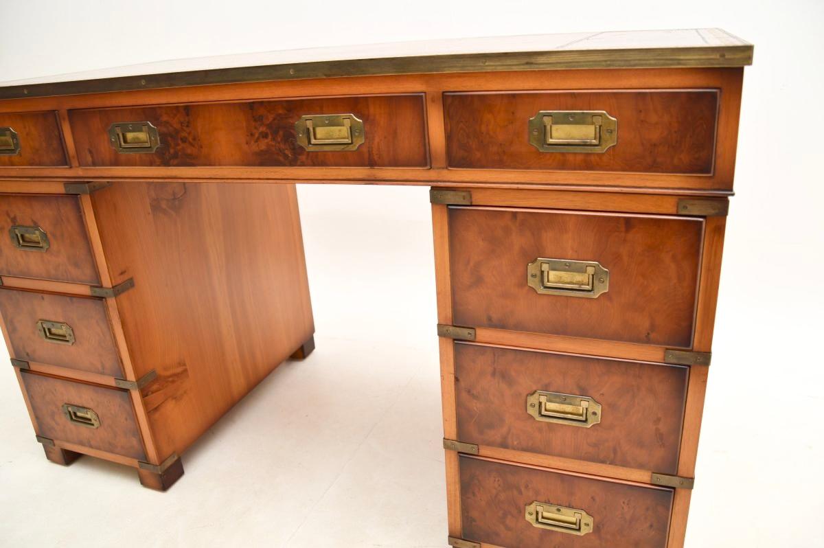 Antique Yew Wood Military Campaign Style Pedestal Desk For Sale 5