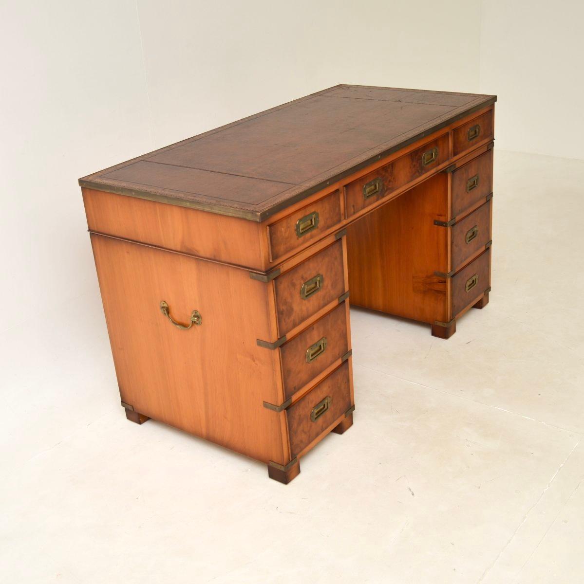 British Antique Yew Wood Military Campaign Style Pedestal Desk For Sale