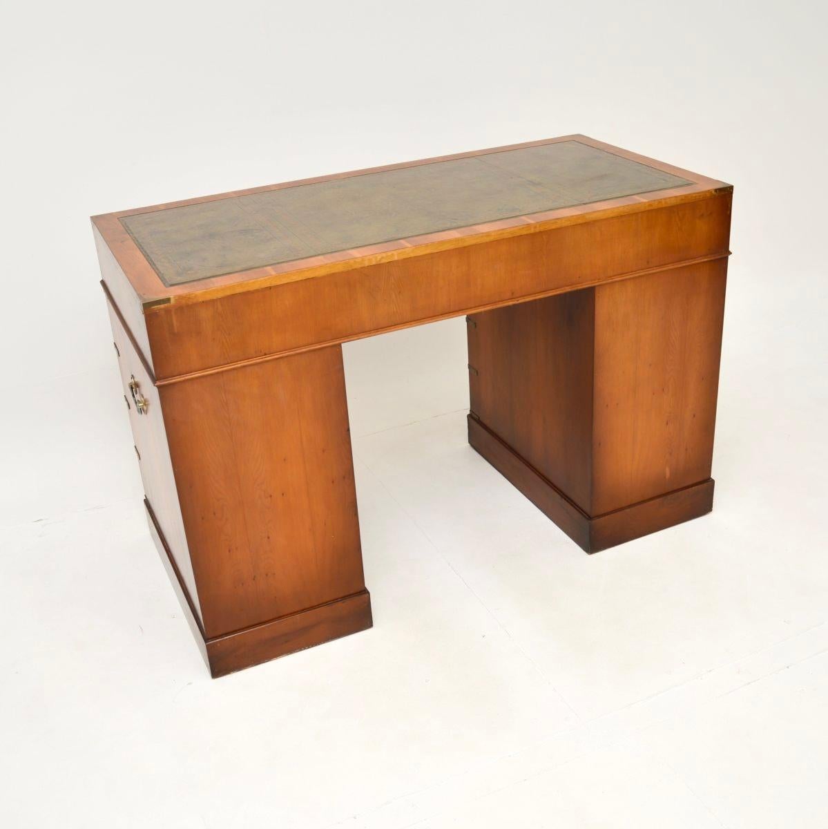 Mid-20th Century Antique Yew Wood Military Campaign Style Pedestal Desk