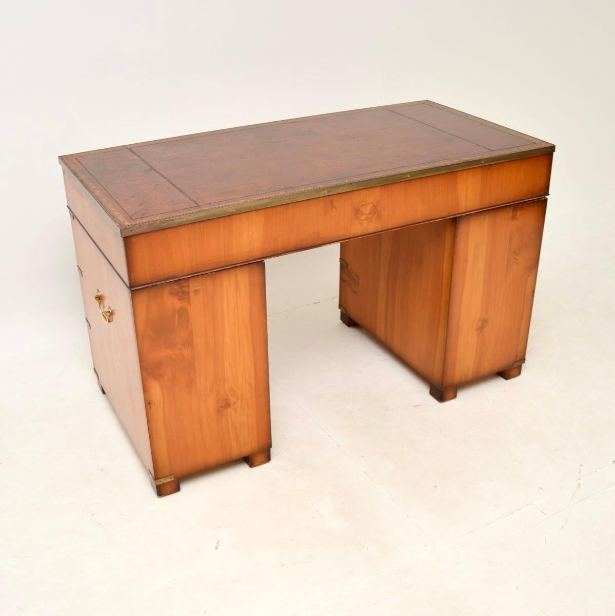 Leather Antique Yew Wood Military Campaign Style Pedestal Desk For Sale
