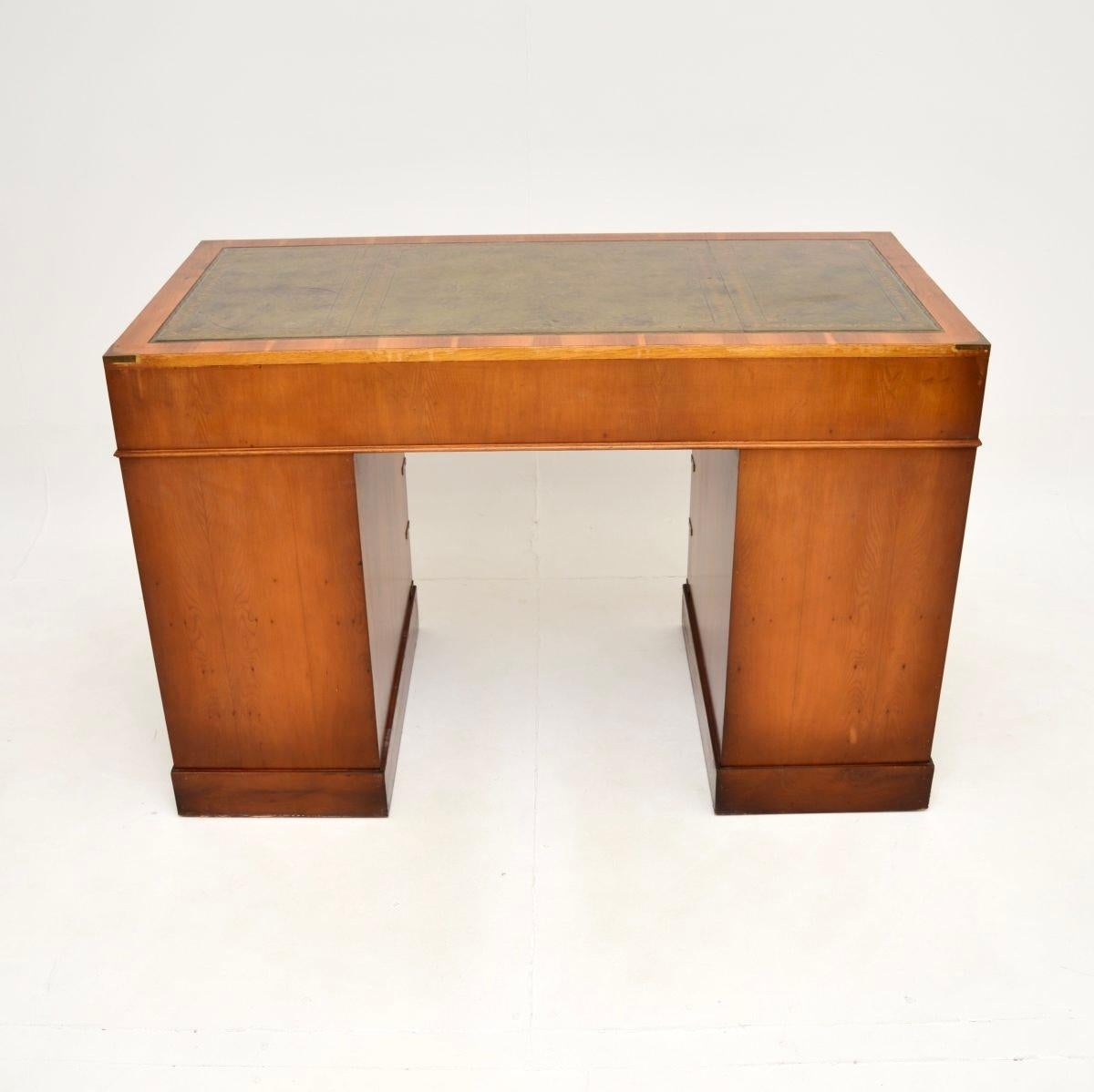 Brass Antique Yew Wood Military Campaign Style Pedestal Desk