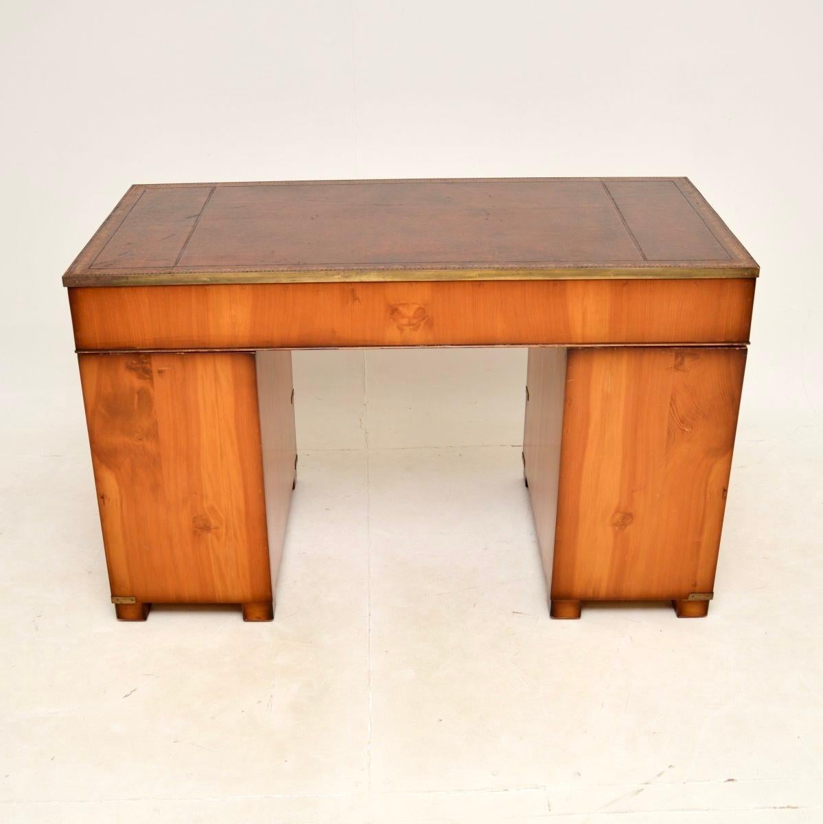 Antique Yew Wood Military Campaign Style Pedestal Desk For Sale 1