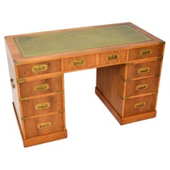 Retro Yew Wood Military Campaign Style Pedestal Desk