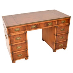 Used Yew Wood Military Campaign Style Pedestal Desk