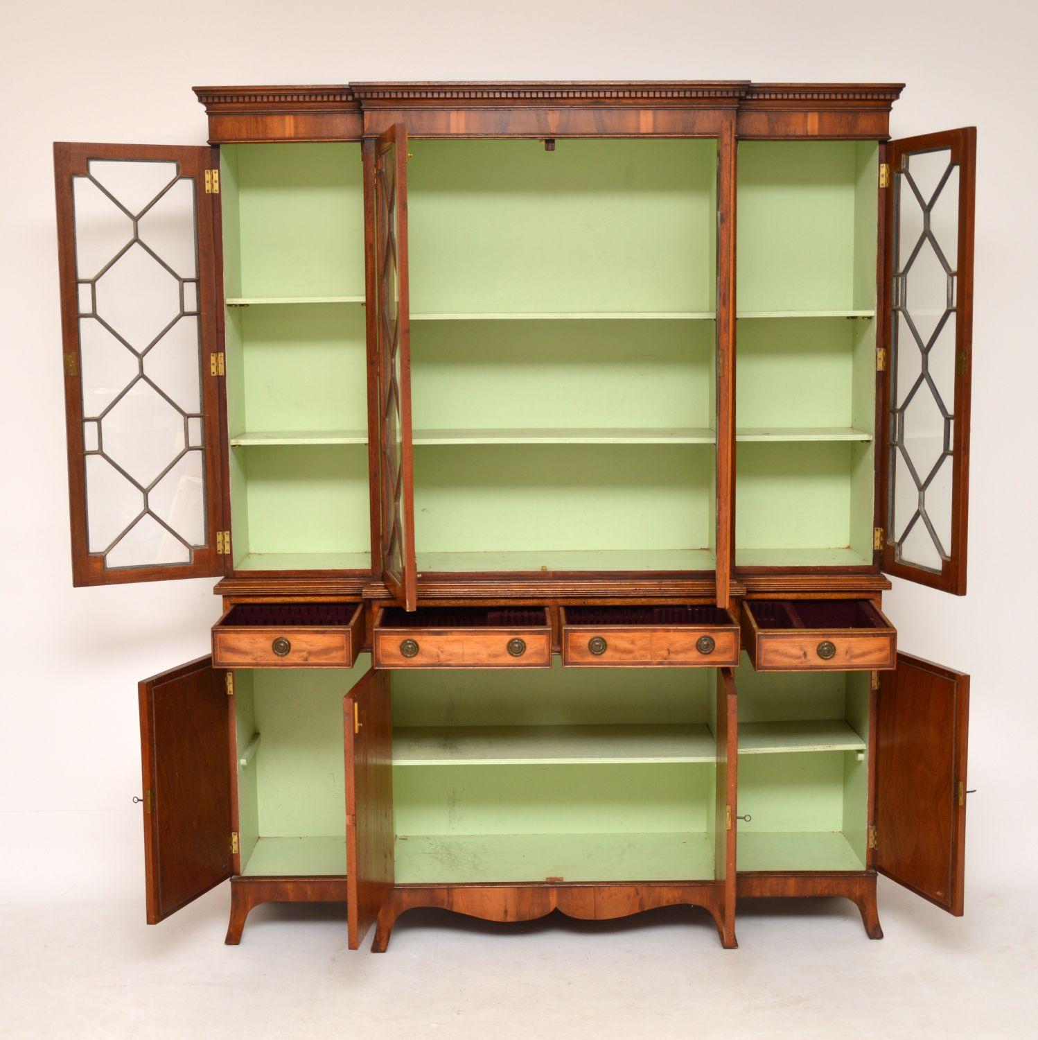 English Antique Yew Wood Regency Style Breakfront Bookcase