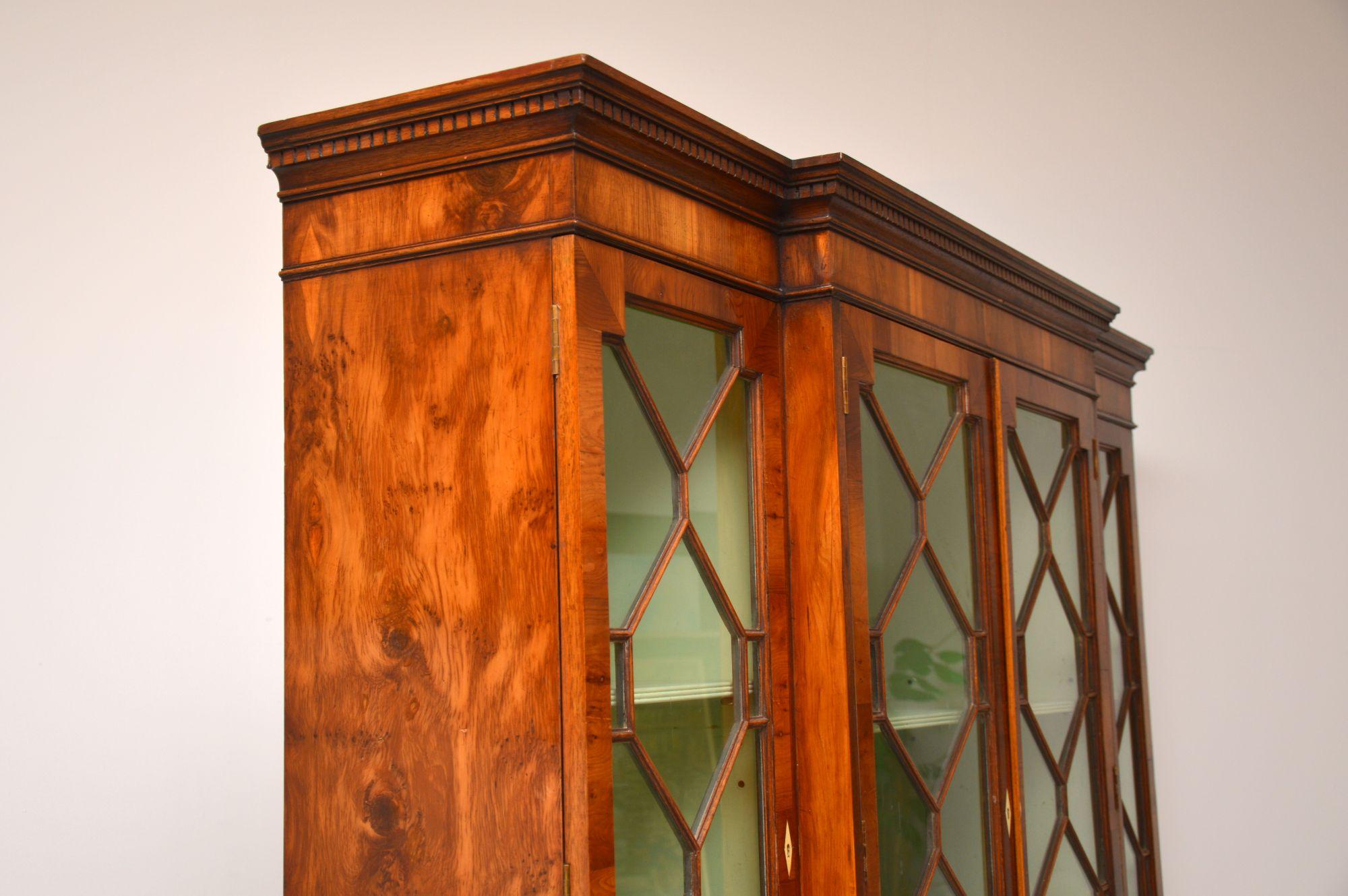 20th Century Antique Yew Wood Regency Style Breakfront Bookcase