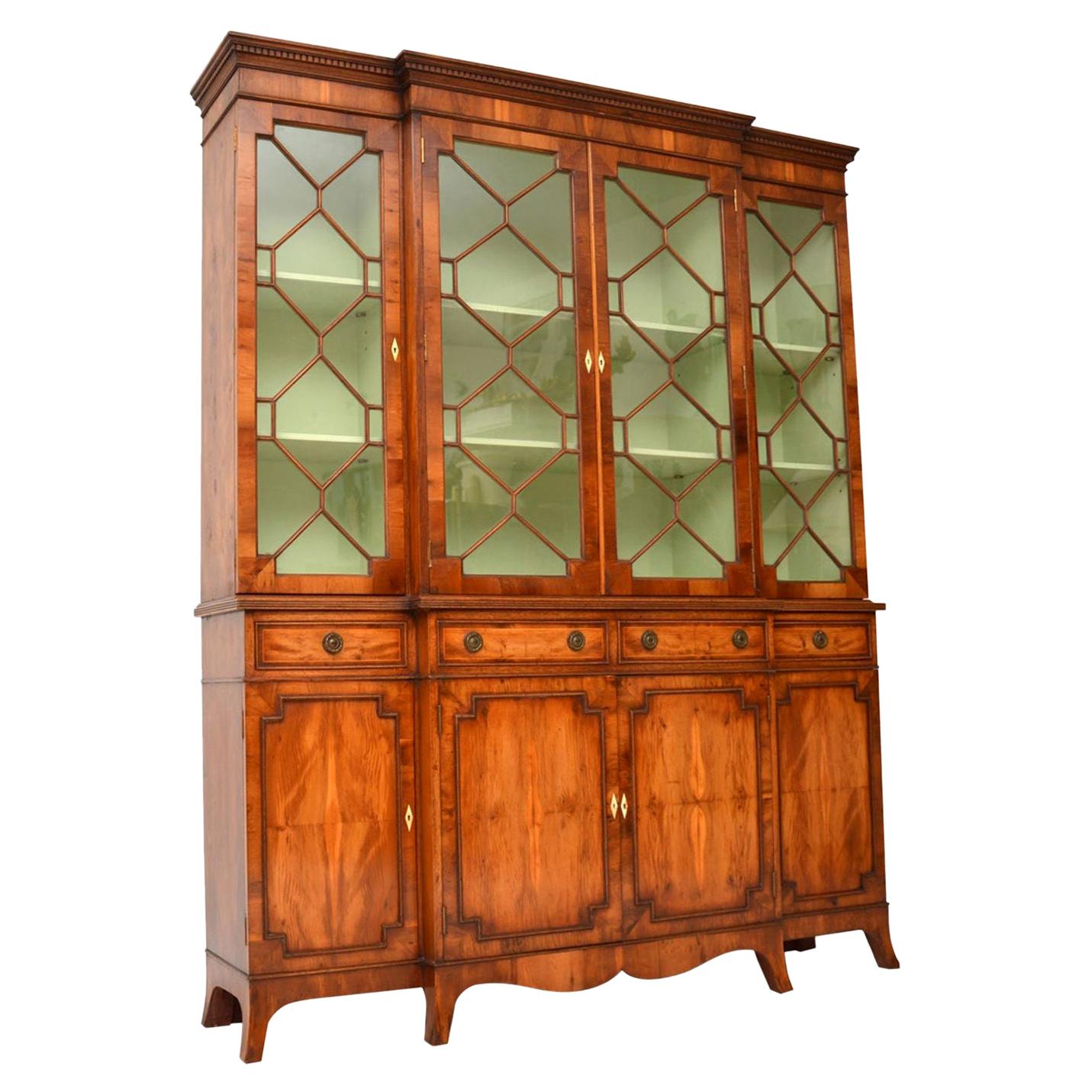 Antique Yew Wood Sheraton Style Breakfront Bookcase