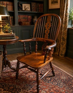 Antique Yew Wood Windsor Armchair English Country House Chair Hoop Back Windsor