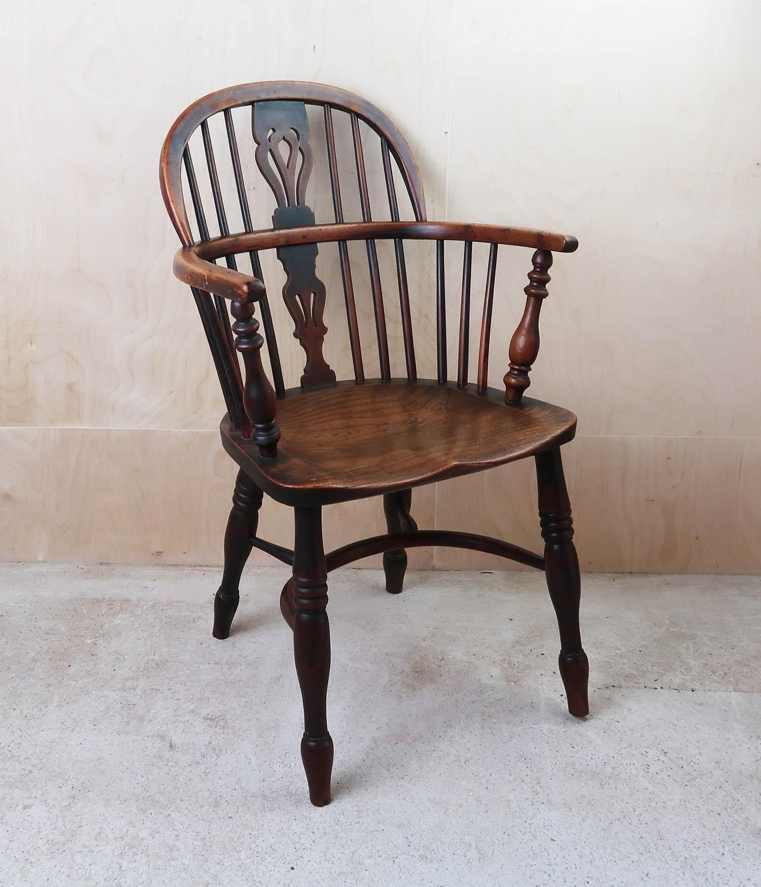 Superb piece of country furniture.

Delightful colour

Mainly yew wood. Elm seat and legs

Crinoline stretcher

Very honest piece. 

Totally original patina

2 old repairs shown in the last 2 images

The chair remains perfectly sound with sturdy