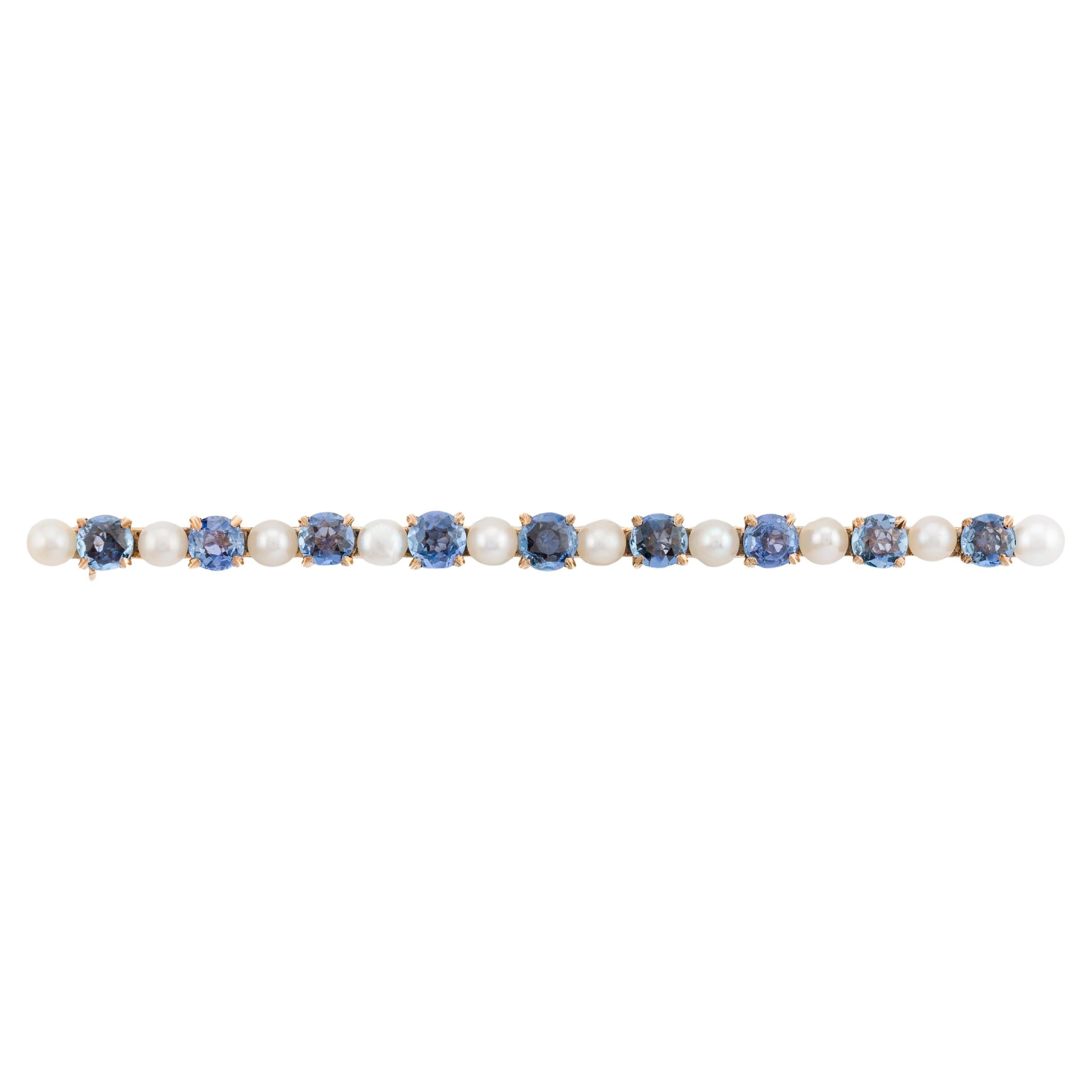 Antique Yogo Gulch Sapphire & Natural Pearl Bar Brooch in 14K Yellow Gold