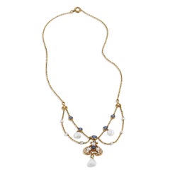 Antique Yogo Sapphire and Pearl Yellow Gold Necklace