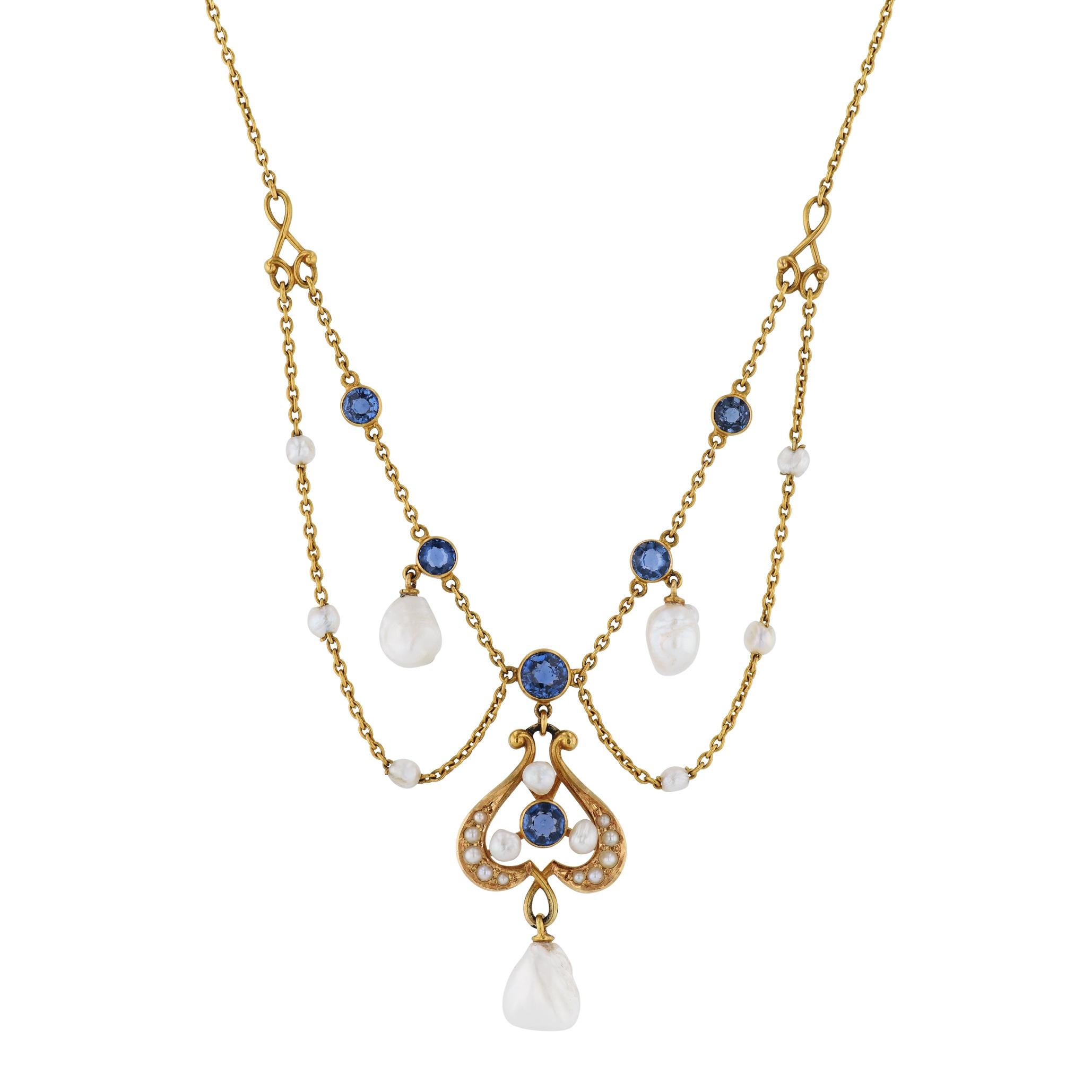 Georgian Antique Yogo Sapphire and Pearl Yellow Gold Necklace For Sale