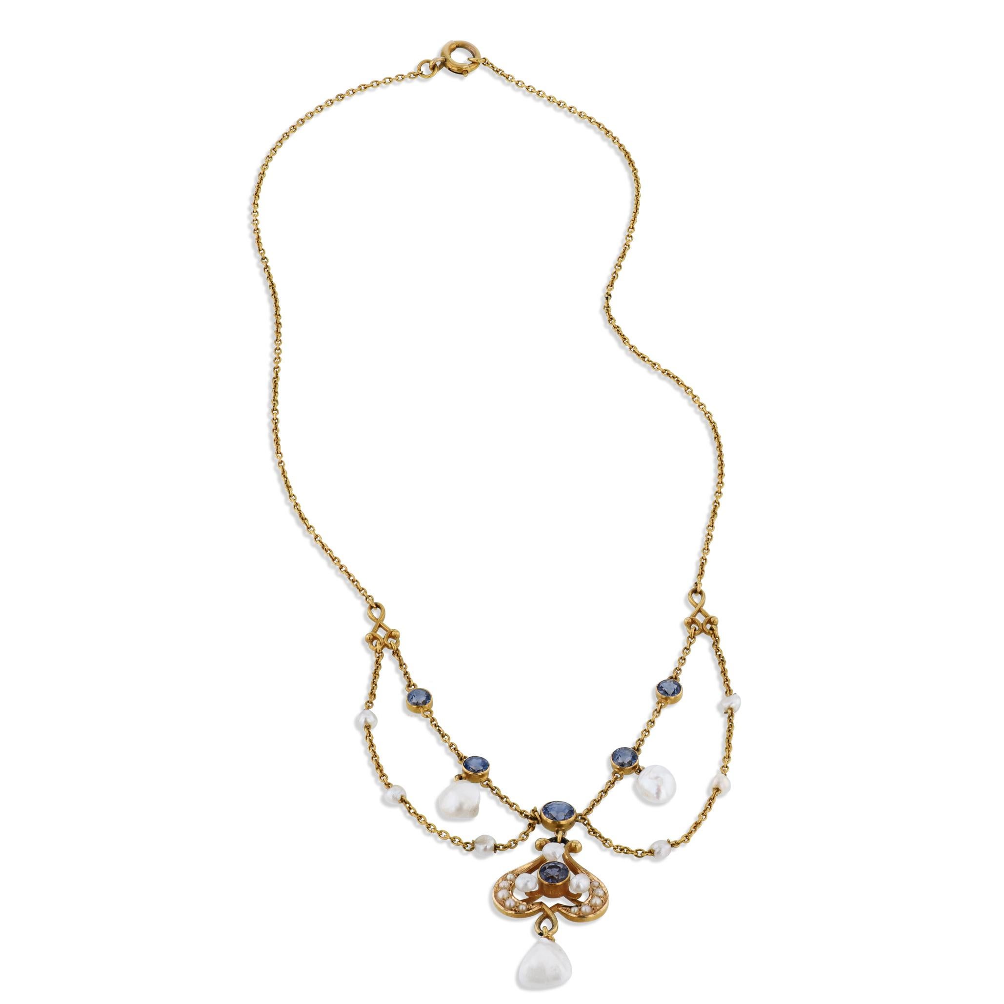 Round Cut Antique Yogo Sapphire and Pearl Yellow Gold Necklace For Sale