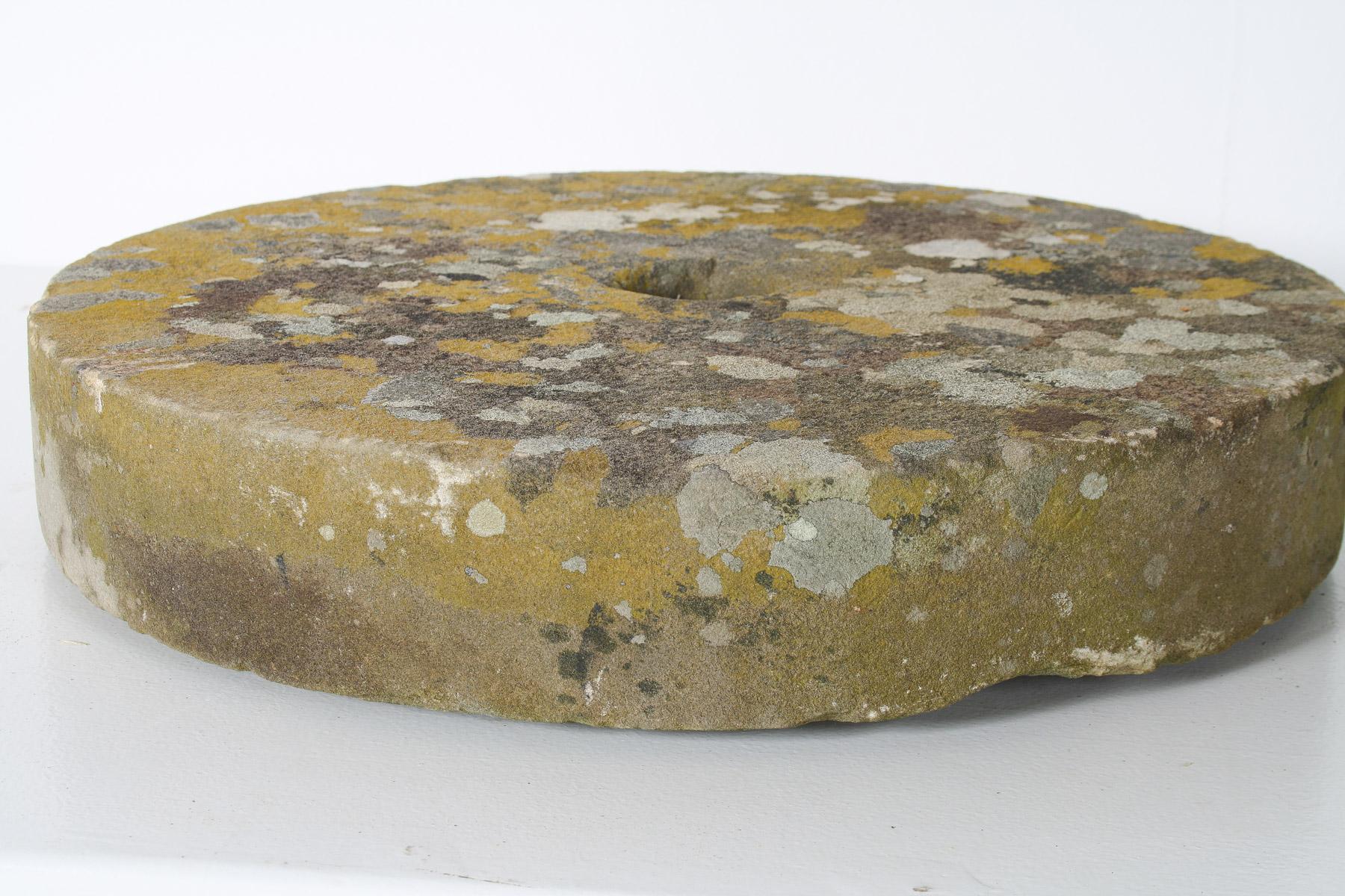 Antique Yorkstone Mill Wheel or Grinding Stone with Weathered Patina and Lichen 3