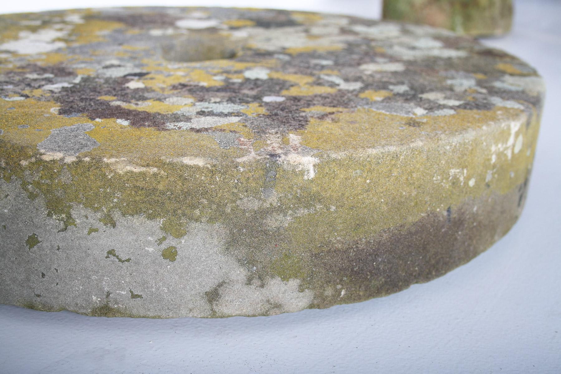 Antique Yorkstone Mill Wheel or Grinding Stone with Weathered Patina and Lichen 4